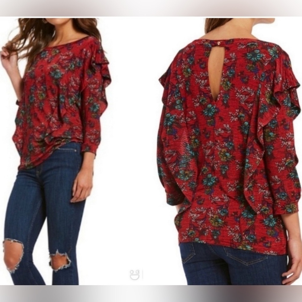 Free People Women's Sz S Red Combo Floral Print Dock Street Knit Blouse $68